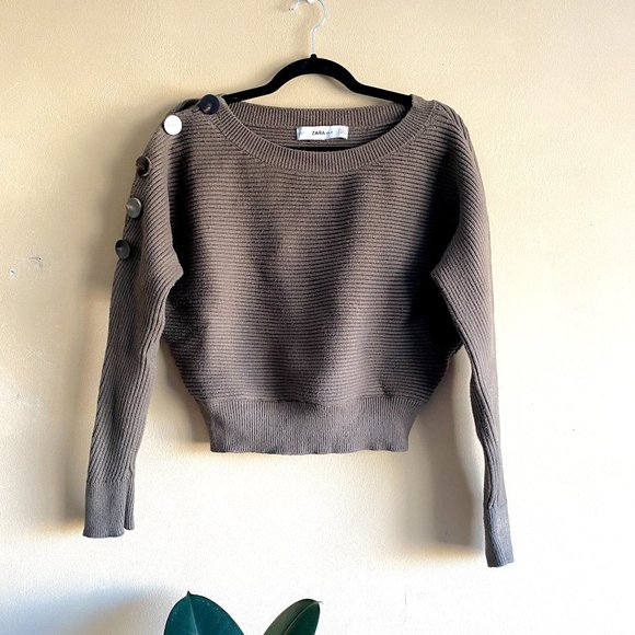 Zara Knit Ribbed Sweater with Button Detail Olive Green - Picture 1 of 4